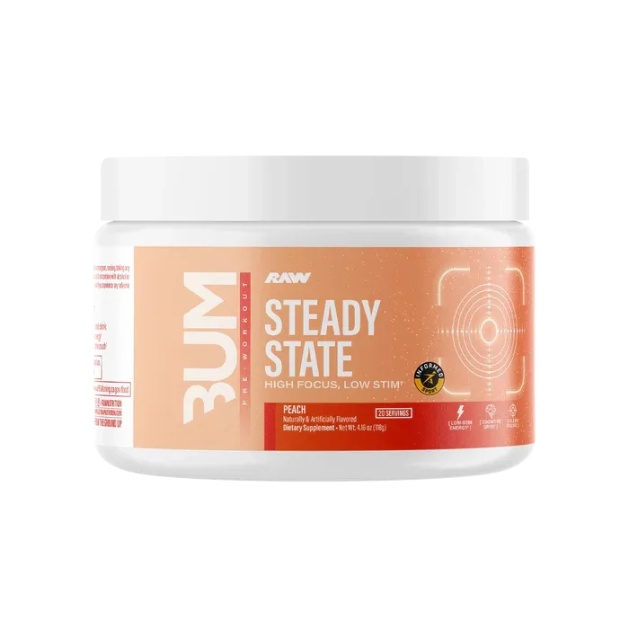 Raw Nutrition CBUM Series Steady State peach flavor supplement container with high focus and low stim label and white and orange packaging.