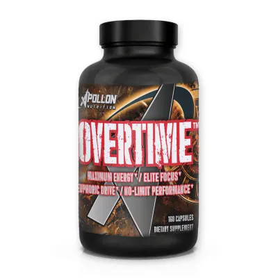 Apollon Nutrition Overtime nootropic supplement, 160 capsules, black bottle with red and white label, for energy, focus, and mental performance support.