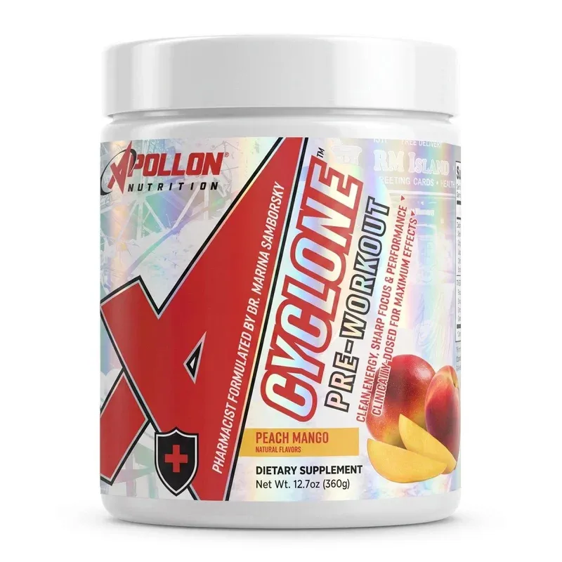 Apollon Nutrition Cyclone Pre-Workout, peach mango flavor, dietary supplement, 12.7oz container.