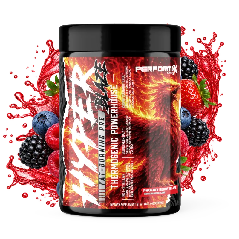 Performax Labs Hyper Blaze thermogenic pre-workout container, Phoenix Berry Blaze flavor, with black lid and label featuring a phoenix and berries.