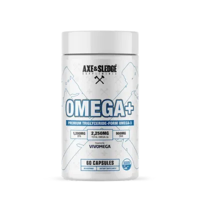 Axe &amp; Sledge Omega+ supplement container, 60 capsules, premium triglyceride-form omega-3, 2,250mg total omega-3s, Vivomega.