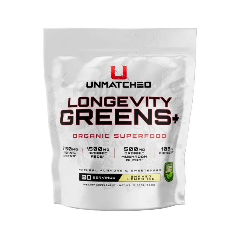 Unmatched Supps Longevity Greens+, Organic Superfood, 30 servings, silver and red packaging.