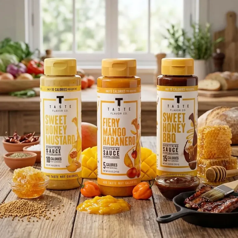 Taste Flavor Co Everything Sauce bottles, Sweet Honey Mustard, Fiery Mango Habanero, and Sweet Honey BBQ, with ingredients on a kitchen counter.