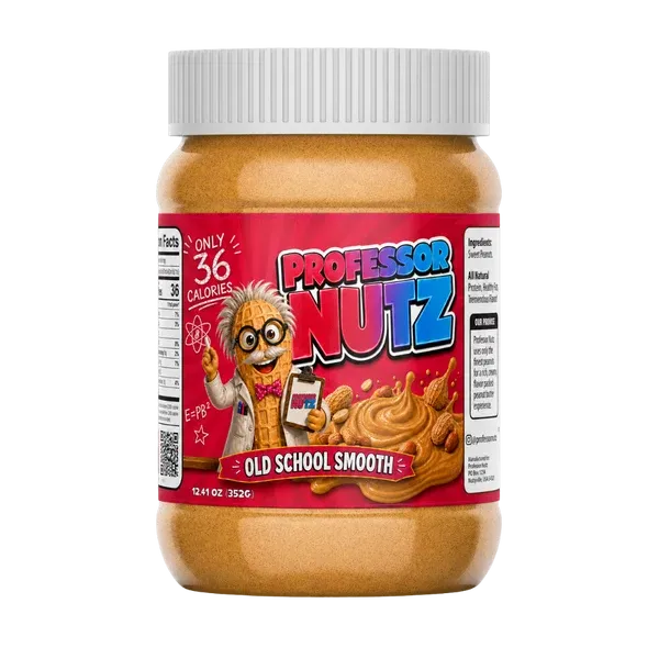 Professor Nutz Peanut Butter jar, 12.41 oz, with Old School Smooth label, featuring a cartoon nut character on a red and white label.