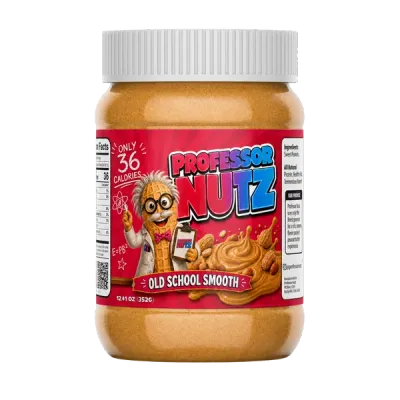 Professor Nutz Peanut Butter jar, 12.41 oz, with Old School Smooth label, featuring a cartoon nut character on a red and white label.