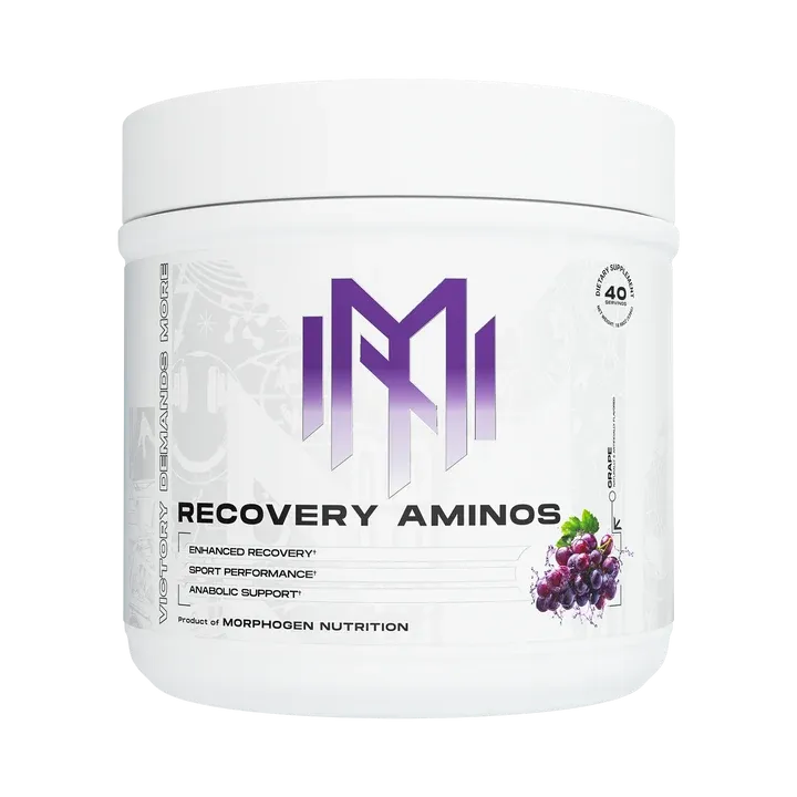 Morphogen Nutrition Recovery Aminos supplement container with purple and black labeling, featuring a purple logo and grape graphic.