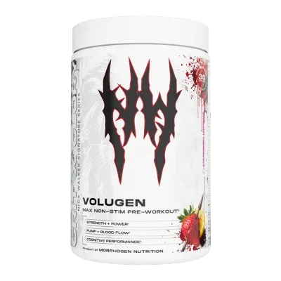 Morphogen Nutrition Nick Walker Signature Series Volugen Max, a non-stim pre-workout supplement for pumps, blood flow, strength, and cognitive performance.
