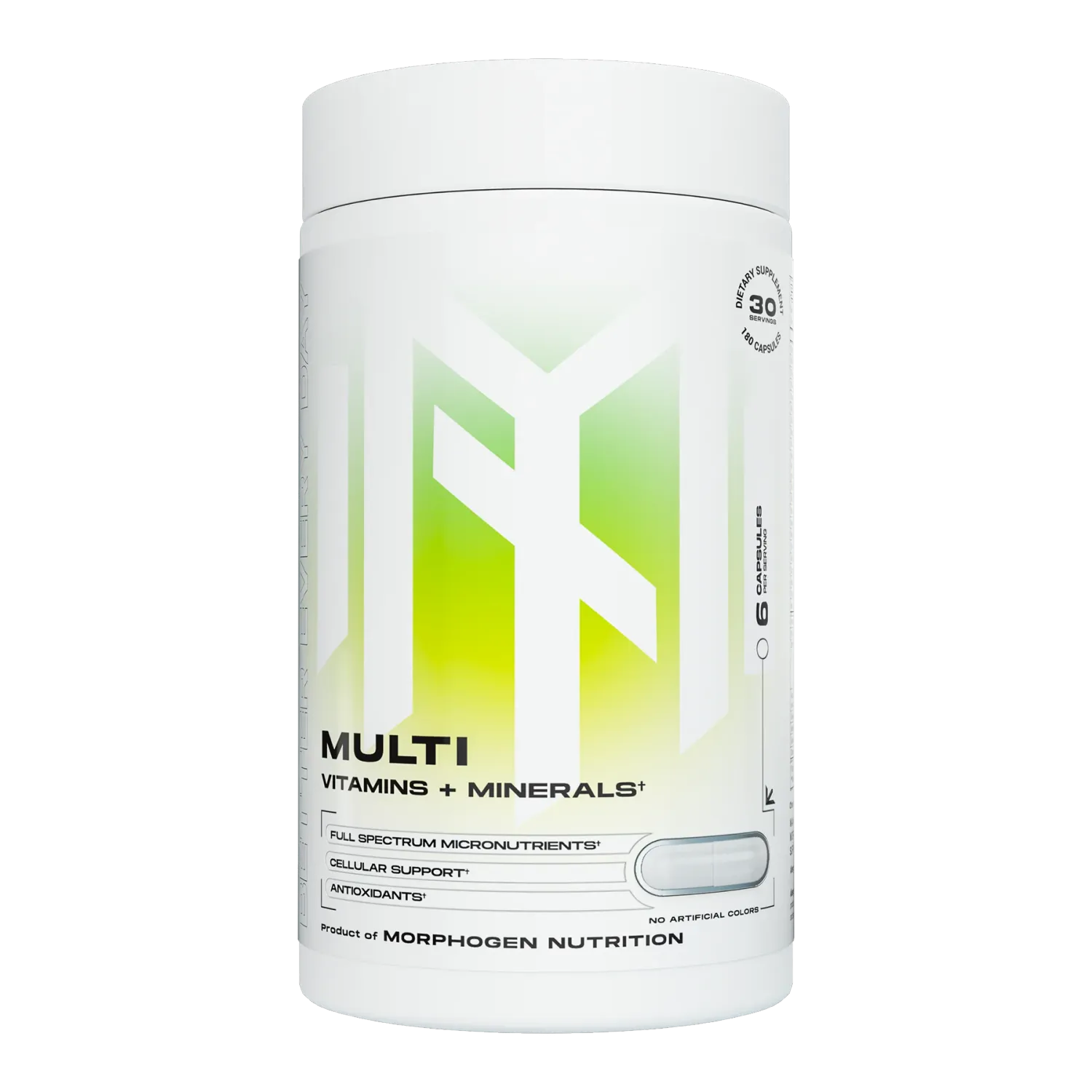 Morphogen Nutrition Multi, Full-Spectrum Vitamins &amp; Minerals, white and green container, 30 servings, vitamins and minerals supplement.