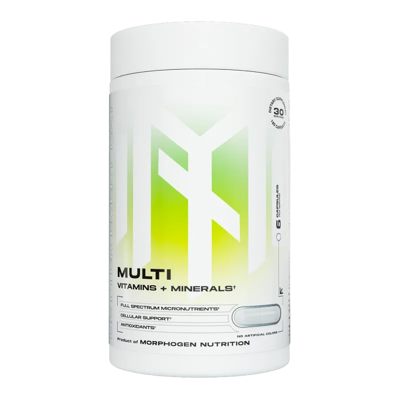 Morphogen Nutrition Multi, Full-Spectrum Vitamins &amp; Minerals, white and green container, 30 servings, vitamins and minerals supplement.