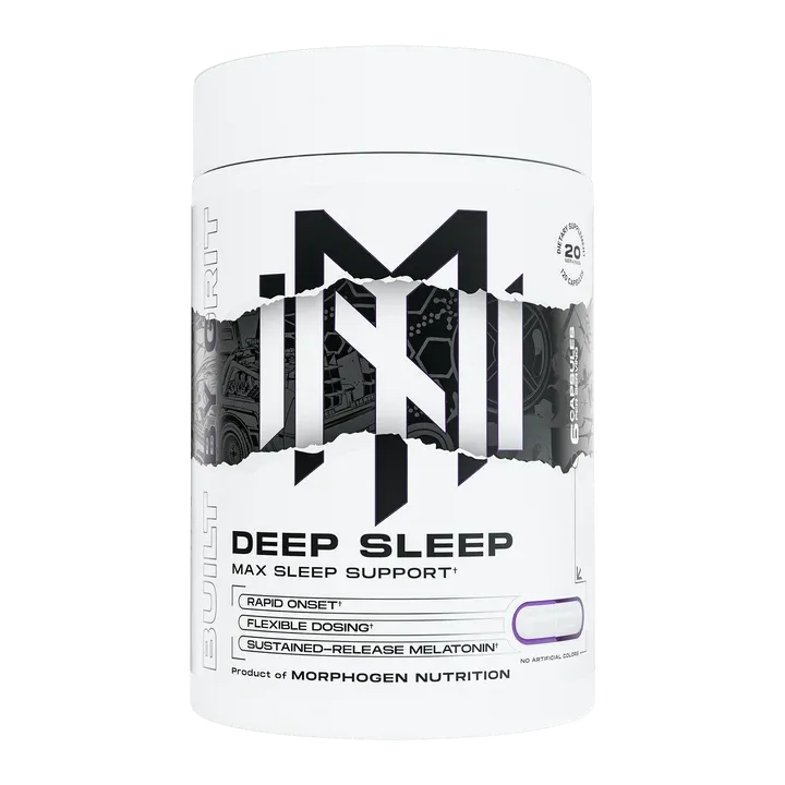 Morphogen Nutrition Deep Sleep supplement container, white with black text, label reads "Deep Sleep Max Sleep Support" and product details.