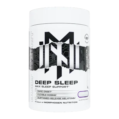 Morphogen Nutrition Deep Sleep Morphogen Nutrition Deep Sleep supplement container, white with black text, label reads "Deep Sleep Max Sleep Support" and product details.