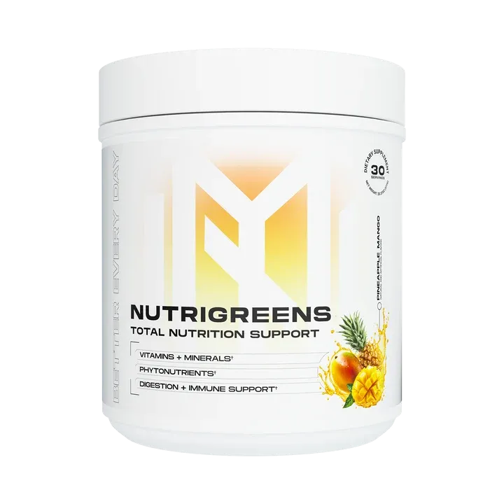 Morphogen Nutrition Nutrigreens, Total Nutrition Support, vitamins, minerals, phytonutrients, digestion and immune support supplement in a white container with fruit illustration.