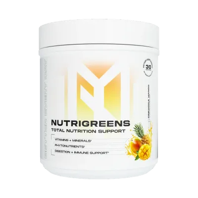 Morphogen Nutrition Nutrigreens, Total Nutrition Support, vitamins, minerals, phytonutrients, digestion and immune support supplement in a white container with fruit illustration.