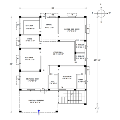 3BHK Modern Home Floor Plan - 52&#39;x36&#39; - North Facing - Vastu