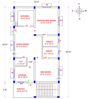 2BHK Modern Home Floor Plan - 24&#39;x48&#39; - North Facing - Vastu
