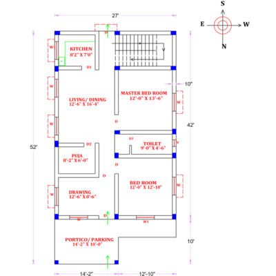 2BHK Modern Home Floor Plan - 27&#39;x52&#39; - North Facing - Vastu