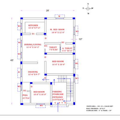 2BHK Modern Home Floor Plan - 28&#39;x45&#39; - North Facing - Vastu