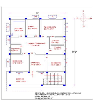 3BHK Modern Home Floor Plan - 34&#39;x41&#39; - North Facing - Vastu