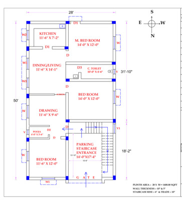 3BHK Modern Home Floor Plan - 28&#39;x50&#39; - North Facing - Vastu