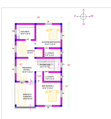 2 BHK Detailed Modern House Plan 26x46 Northfacing area 1327 SQFT according to Vastu