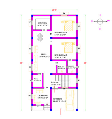 2 BHK Modern House Plan With Portico and Garage 26.6x55 Northfacing Area 1457 SQFT Vastu Compliant