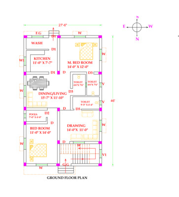 2 BHK Modern House Plan with 27.6x46 Northfacing 1400 SQFT Vastu Compliant