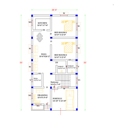 2 BHK Modern House Plan 26.6x55 Northfacing 1457 SQFT Vastu Compliant