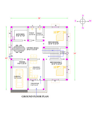 2 BHK Modern House Plan with Front Elevation 36x40 Northfacing area 1481 SQFT Vastu Compliant
