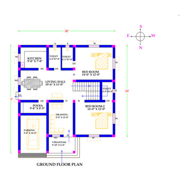 2 BHK Modern House Plan with Front Elevation 36x40 Northfacing 1481 SQFT as per Vastu Shastra