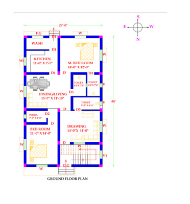 2 BHK Modern House Plan with front elevation 27.6x46 Northfacing 1400 SQFT Vastu Compliant