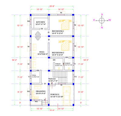 2 BHK detailed Modern House Plan With Portico and Garage 26x55 Northfacing Area 1457 SQFT according to Vastu