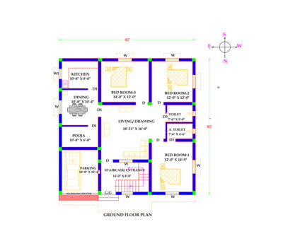3 BHK Modern House Plan 40x40 Northfacing area 1600 SQFT according to Vastu
