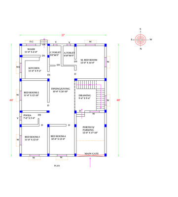 4 BHK Modern House Plan 37x48 Northfacing 1776 SQFT Vastu Compliant