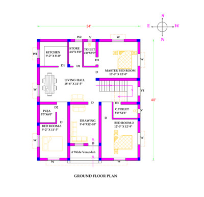 3 BHK Detailed Modern House Plan 34x40 Northfacing area 1487 SQFT Vastu Compliant
