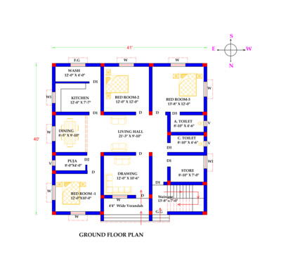 3 BHK Detailed Modern House Plan 40x41 Northfacing 1773 SQFT Vastu Compliant