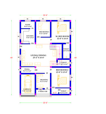 3 BHK Modern House Plan 33.6x39 Northfacing 1641 SQFT According to Vastu