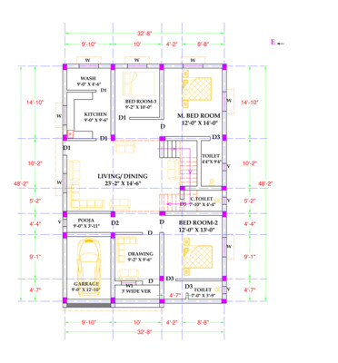 3 BHK Modern House Plan 33x39 Northfacing for area 1641 SQFT Vastu Compliant