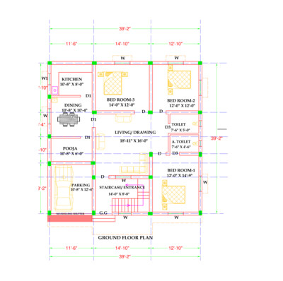 3 BHK Detailed Modern House Plan 40x40 Northfacing area 1600 SQFT according to Vastu