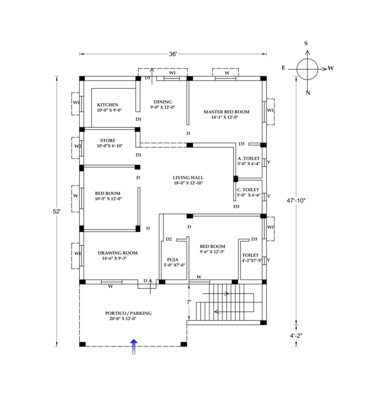 3 BHK Modern House Plan 36x52 Northfacing 1808 SQFT Vastu Compliant