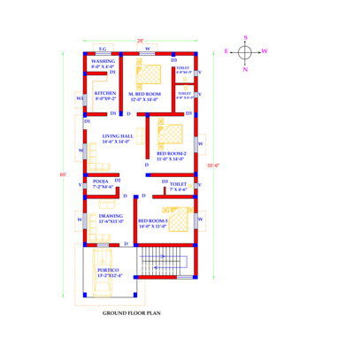 3 BHK Modern House Plan with front elevation design 28x60 Northfacing 1749 SQFT according to Vastu