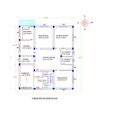 3 BHK Modern House Plan 36x42 Northfacing 1700 SQFT Vastu Compliant