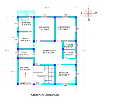 3 BHK Modern House Plan 36x42 Northfacing 1700 SQFT With Front Elevation Vastu Compliant