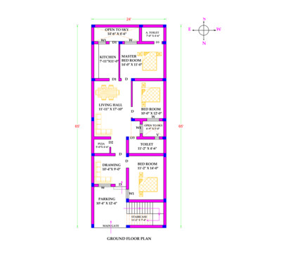 3 BHK Modern House Plan with Front Elevation design 24x65 Northfacing area 1675 SQFT according to Vastu