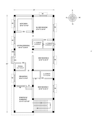 3 BHK Modern House Plan with front elevation 25x60 Northfacing 1618 SQFT Vastu Compliant