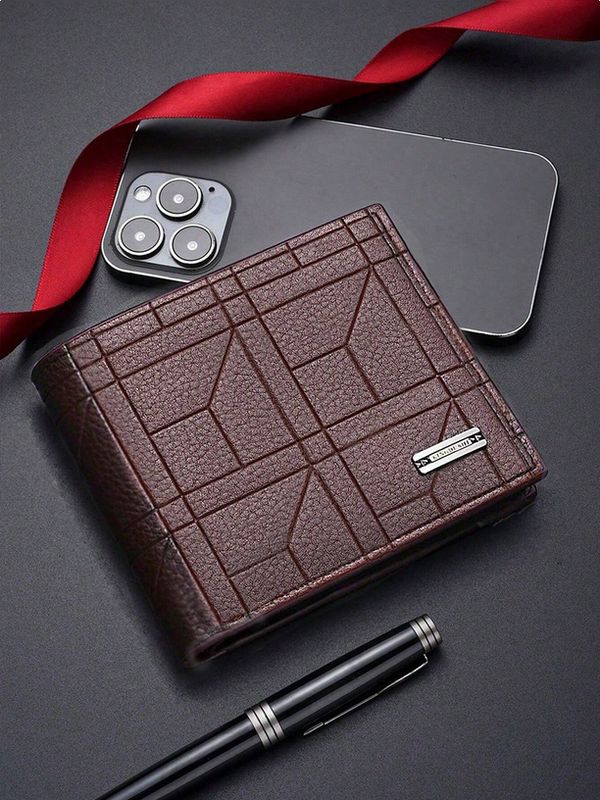 Men’s Plaid Bifold Leather Wallet – Large Capacity