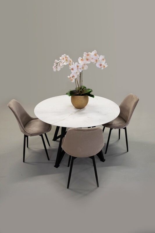 Keramische Eettafel rond vlinderpoot Abu Dhabi in mat wit 120cm