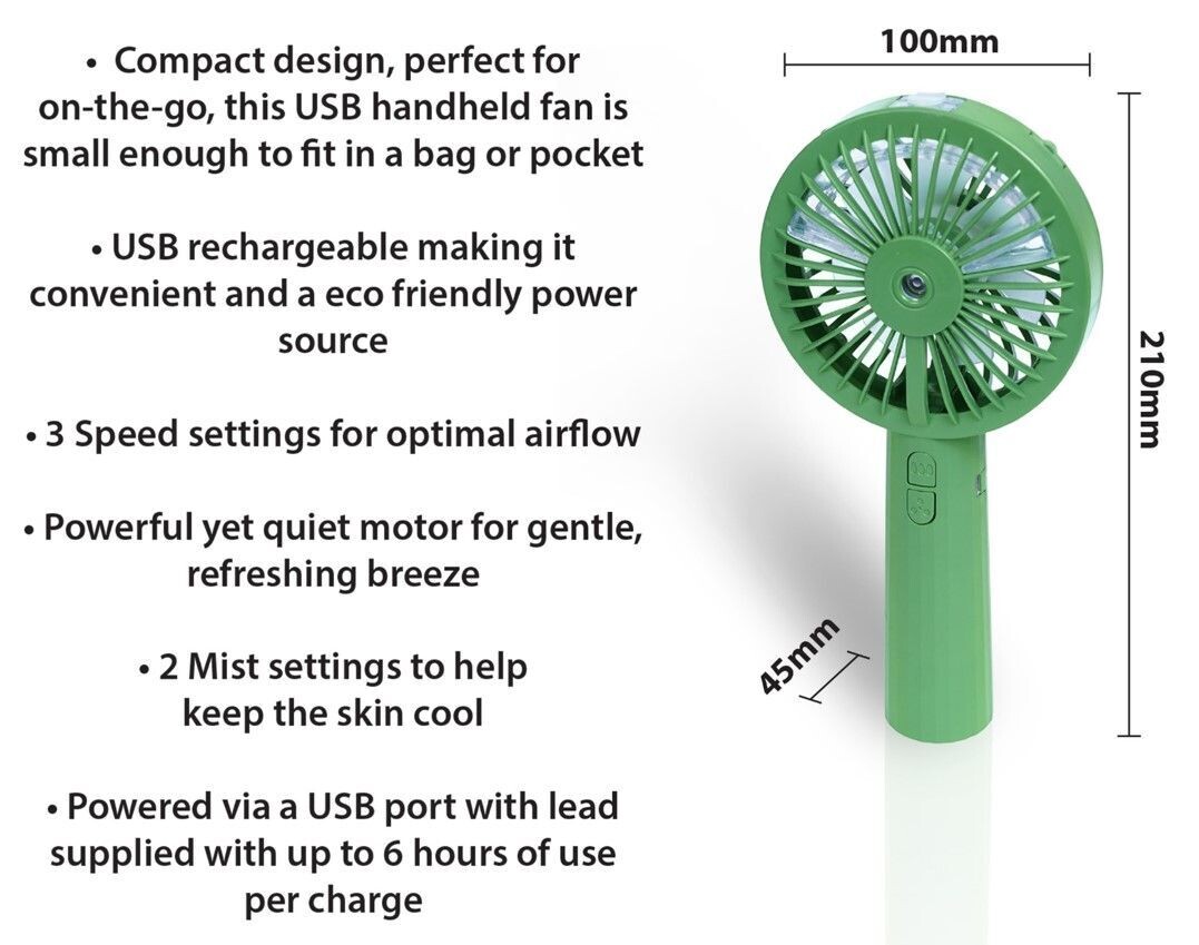 USB Rechargeable Hand Held Mist Fan With Bottle (Various Colours), Colour: Green