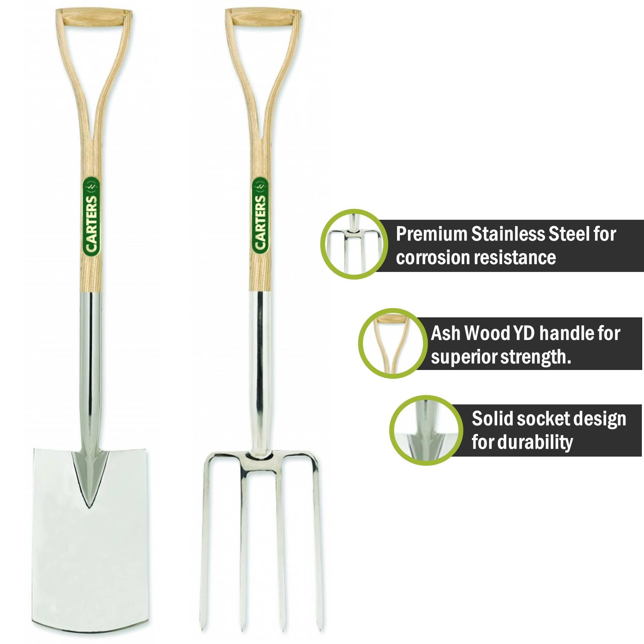 Premium Stainless Steel Perennial Garden Spade & Fork Set with Split Ash Wood YD Handles