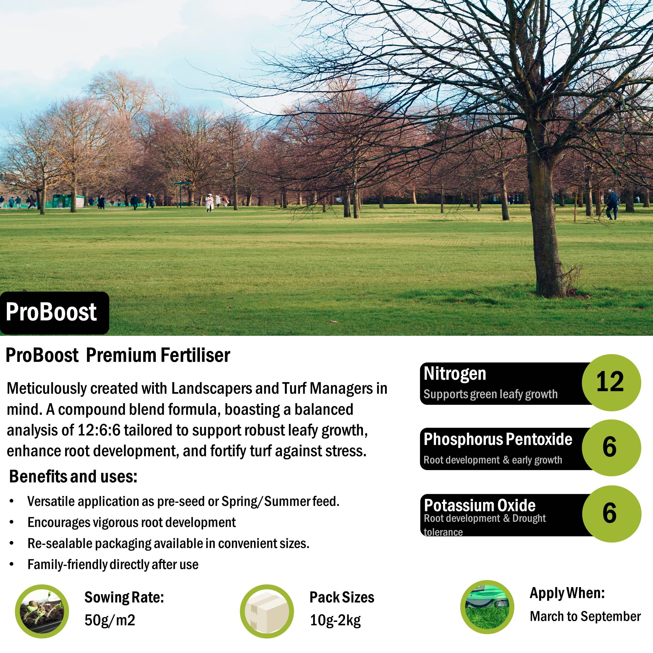 ProBoost Professional Grass Fertiliser - Premium Nutrient Blend for Healthy Turf Growth | 12-6-6 Analysis | Ideal for Spring/Summer Feed
