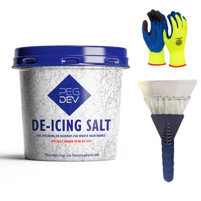 Premium White De-Icing Salt, Car Window Scraper  & Pair of Thermal Gloves Included